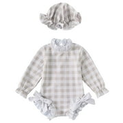 Girls One-Piece Swimsuit Plaid Ruffle Long Sleeve Rash Guard with Hat Bathing Suit